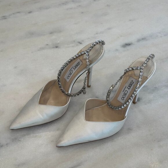 Jimmy Choo Saeda 100 Ivory Satin Pumps with Crystal Embellishment - Picture 1 of 8